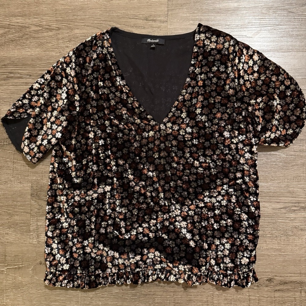 Madewell Womens Multicolor Floral V-Neck Velvet Tulip Sleeve Ruffle Hem Top M